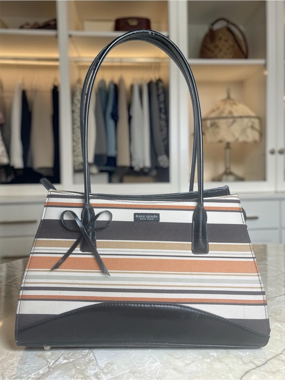Kate Spade New York Striped Tote Bow Canvas Black Orange White Shoulder